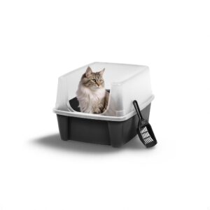 IRIS USA Large Cat Litter Box with Scatter Shield and Scoop, Open Top High Sided Cat Litter Pan, Black